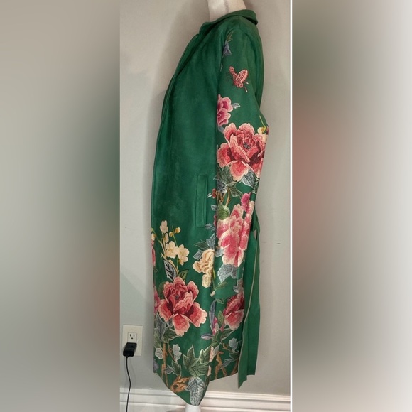Solitaire Women’s Faux Suede Green Floral Print Trench Coat Sz M NWT - Picture 5 of 11